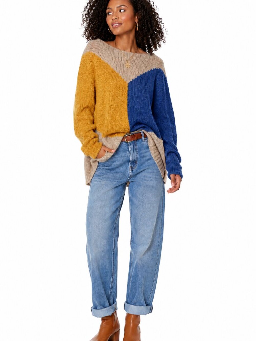Vintage Handmade Wool Feel Colorblock Sweater Blue Mustard Oversized Knit